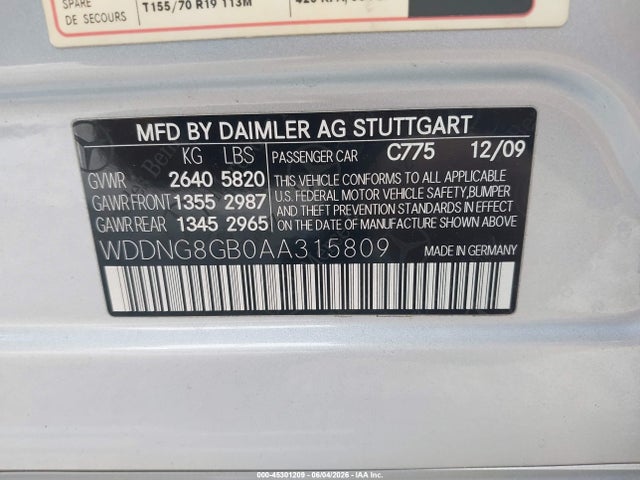 45301209 :رقم المزاد ، WDDNG8GB0AA315809 vin ، 2010 Mercedes-benz S 550 4matic مزاد بيع
