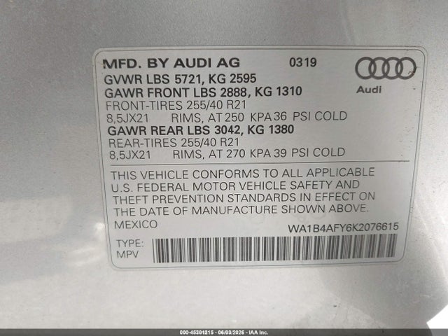 45301215 :رقم المزاد ، WA1B4AFY6K2076615 vin ، 2019 Audi Sq5 3.0t Premium مزاد بيع
