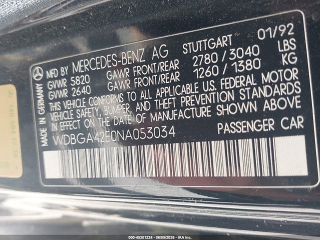 45301224 :رقم المزاد ، WDBGA42E0NA053034 vin ، 1992 Mercedes-benz 400 Se مزاد بيع