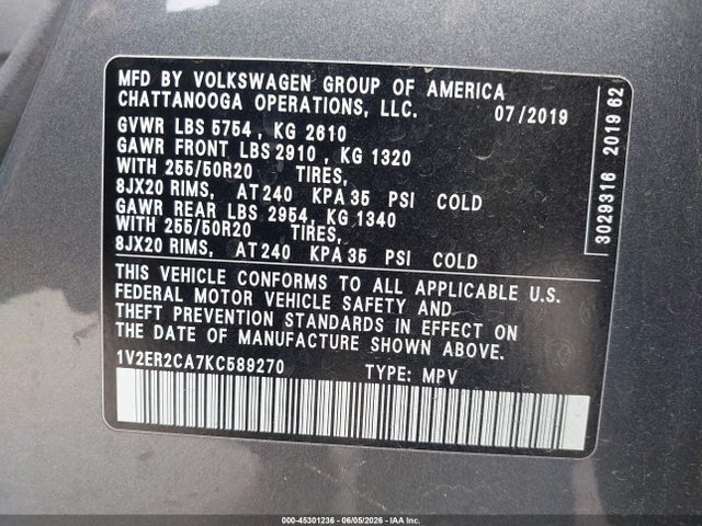Продажа на аукционе авто 2019 Volkswagen Atlas 3.6l V6 Sel, vin: 1V2ER2CA7KC589270, номер лота: 45301236