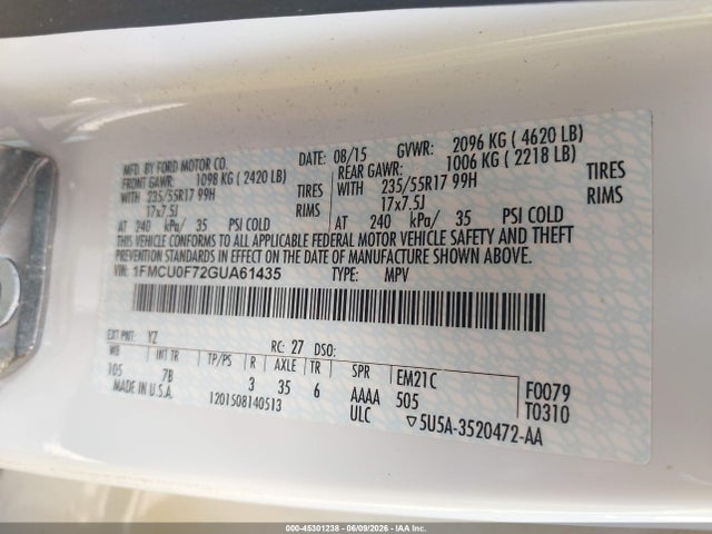 Продажа на аукционе авто 2016 Ford Escape S, vin: 1FMCU0F72GUA61435, номер лота: 45301238