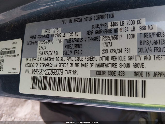Продаж на аукціоні авто 2016 Mazda Cx-5 Touring, vin: JM3KE2CY2G0892079, номер лоту: 45301244