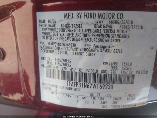 Aukcja sprzedaży 2007 Ford Focus S/se/ses, vin: 1FAFP31N67W169230, numer aukcji: 45301250