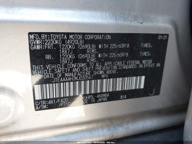 Aukcja sprzedaży 2021 Toyota Venza Le, vin: JTEAAAAH3MJ030567, numer aukcji: 45301252