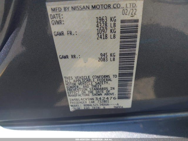 1N4BL4CV5NN342476 Nissan Altima Sr Fwd