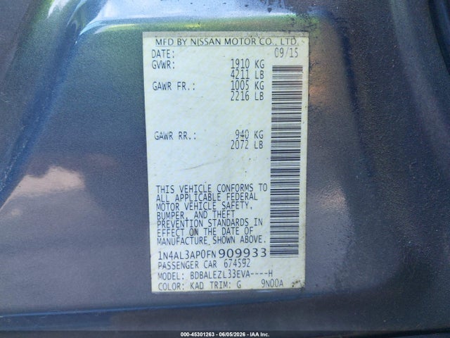 2015 Nissan Altima 2.5 S მანქანა იყიდება აუქციონზე, vin: 1N4AL3AP0FN909933, აუქციონის ნომერი: 45301263