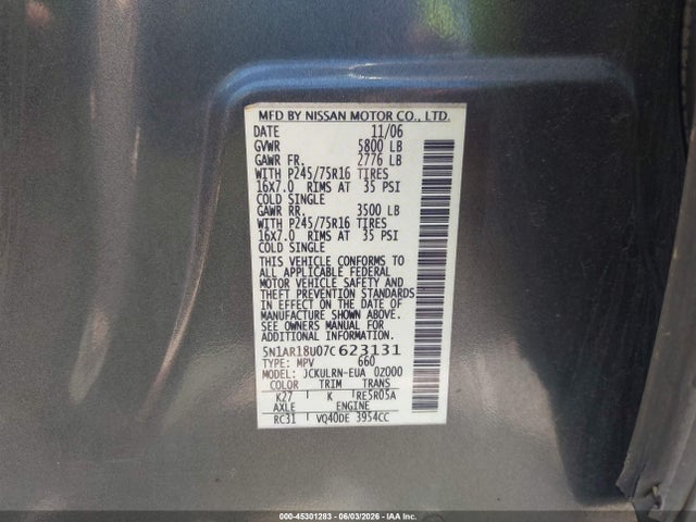 Продажа на аукционе авто 2007 Nissan Pathfinder S, vin: 5N1AR18U07C623131, номер лота: 45301283