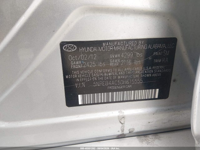 Aukcja sprzedaży 2013 Hyundai Sonata Gls, vin: 5NPEB4AC5DH615555, numer aukcji: 45301282