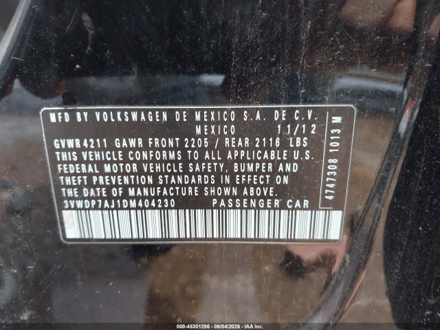 Aukcja sprzedaży 2013 Volkswagen Jetta 2.5l Se, vin: 3VWDP7AJ1DM404230, numer aukcji: 45301286