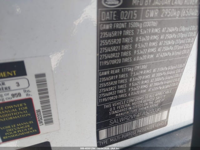45301294 :رقم المزاد ، SALWR2VF4FA522036 vin ، 2015 Land Rover Range Rover Sport 3.0l V6 Supercharged Hse مزاد بيع