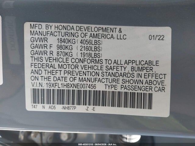 19XFL1H8XNE007456 Honda Civic Sport Touring