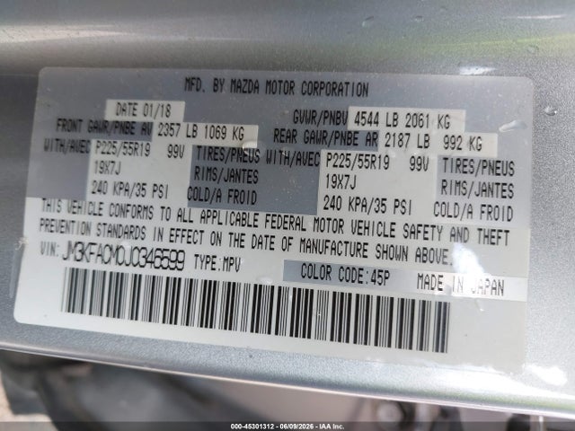 2018 Mazda Cx-5 Touring მანქანა იყიდება აუქციონზე, vin: JM3KFACM0J0346599, აუქციონის ნომერი: 45301312