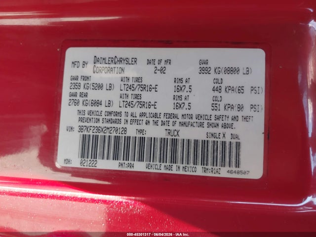 Aukcja sprzedaży 2002 Dodge Ram 2500 St, vin: 3B7KF236X2M270128, numer aukcji: 45301317