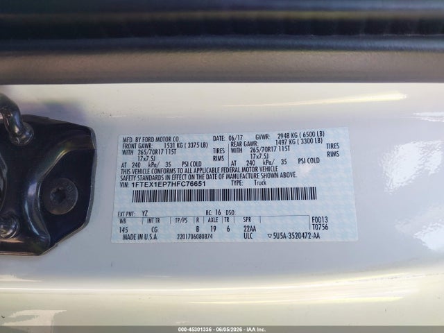 Продаж на аукціоні авто 2017 Ford F-150 Xl, vin: 1FTEX1EP7HFC76651, номер лоту: 45301336