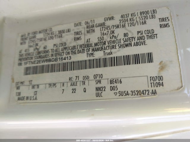 45301337 :رقم المزاد ، 1FTNE2EW6BDB16413 vin ، 2011 Ford E-250 Commercial مزاد بيع