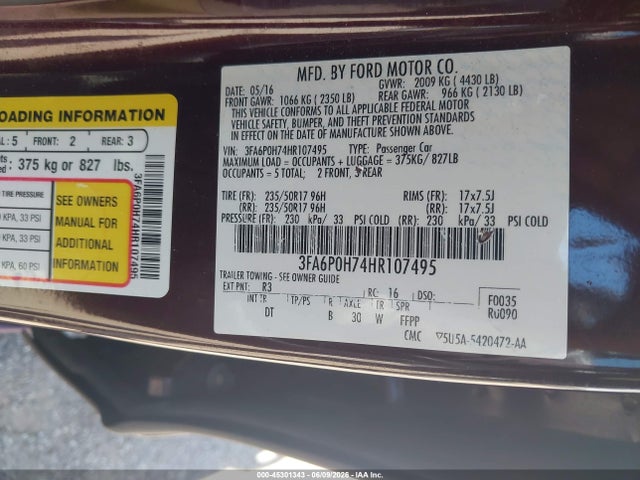 Ford FUSION SE 2017 3FA6P0H74HR107495 Image 9