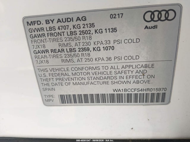 Aukcja sprzedaży 2017 Audi Q3 2.0t Premium, vin: WA1BCCFS4HR015970, numer aukcji: 45301347