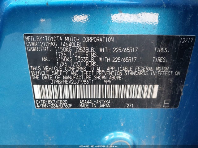 45301363 :رقم المزاد ، JTMBFREV2JJ198611 vin ، 2018 Toyota Rav4 Le مزاد بيع