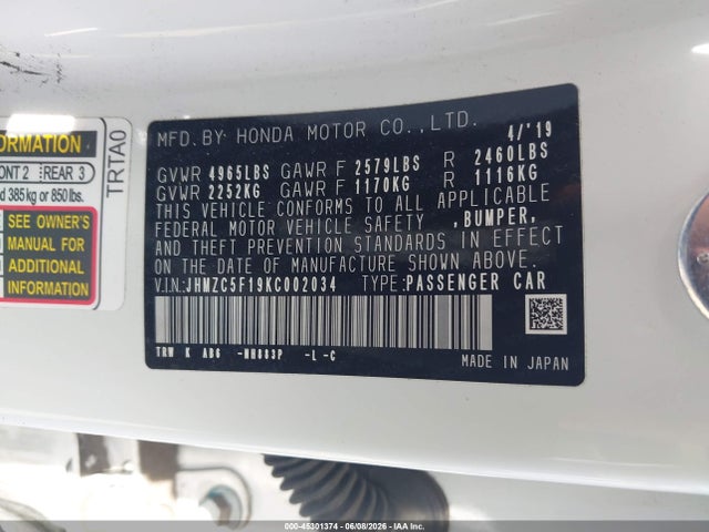 JHMZC5F19KC002034 Honda CLARITY PLUG-IN HYBRID