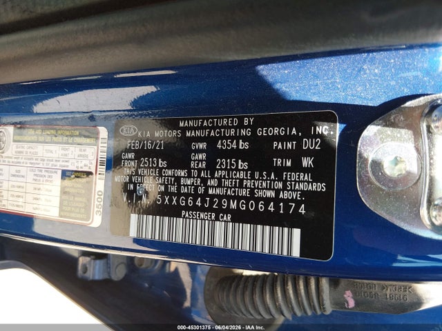 2021 Kia K5 Gt-line მანქანა იყიდება აუქციონზე, vin: 5XXG64J29MG064174, აუქციონის ნომერი: 45301375