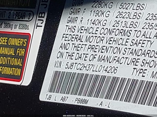 2020 Acura Rdx Standard მანქანა იყიდება აუქციონზე, vin: 5J8TC2H37LL014206, აუქციონის ნომერი: 45301440