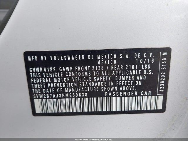 Aukcja sprzedaży 2017 Volkswagen Jetta 1.4t S, vin: 3VW2B7AJ3HM259638, numer aukcji: 45301442