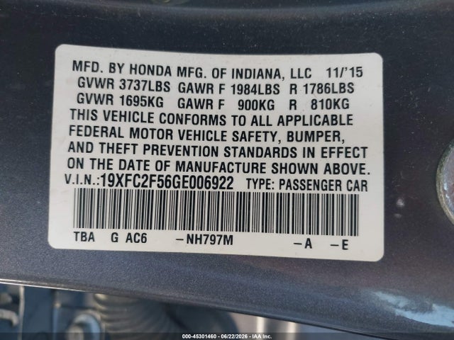Honda Civic Lx 2016 19XFC2F56GE006922 Image 9