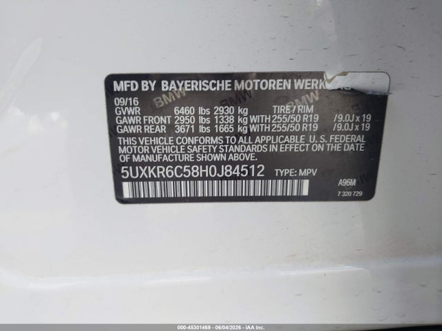 Продаж на аукціоні авто 2017 Bmw X5 Xdrive50i, vin: 5UXKR6C58H0J84512, номер лоту: 45301469
