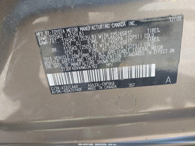 45301496 :رقم المزاد ، 2T3DF4DV4AW034162 vin ، 2010 Toyota Rav4 Limited مزاد بيع