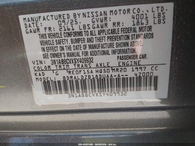 Aukcja sprzedaży 2025 Nissan Sentra Sv, vin: 3N1AB8CVXSY409932, numer aukcji: 45301499