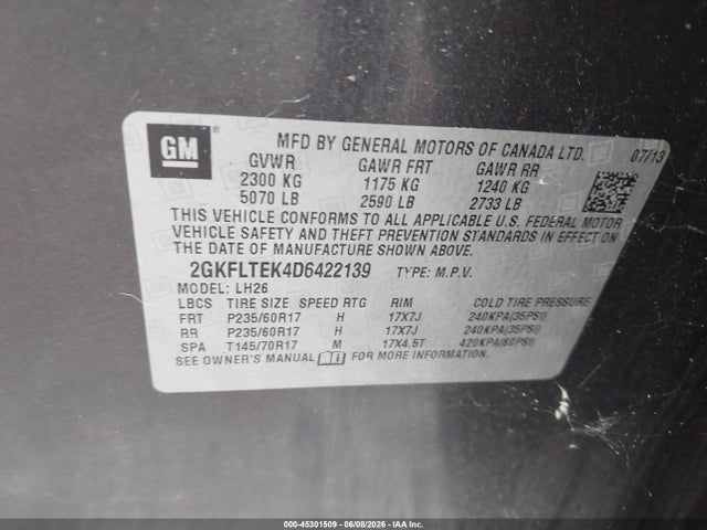 2013 Gmc Terrain Sle-2 მანქანა იყიდება აუქციონზე, vin: 2GKFLTEK4D6422139, აუქციონის ნომერი: 45301509
