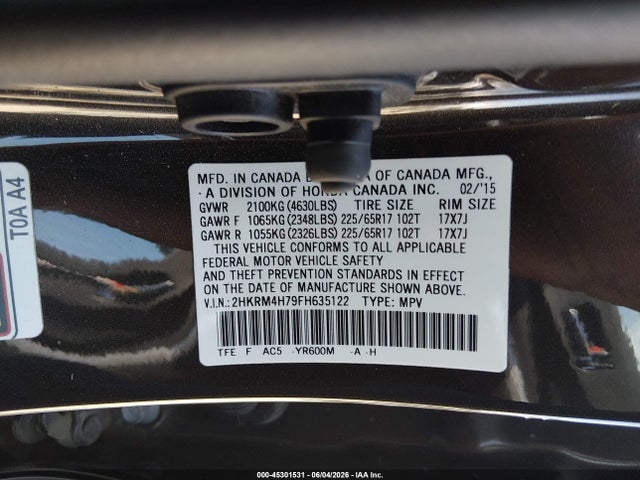 Продажа на аукционе авто 2015 Honda Cr-v Ex-l, vin: 2HKRM4H79FH635122, номер лота: 45301531