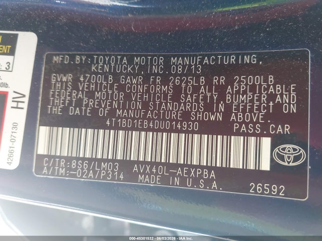 2013 Toyota Avalon Hybrid Limited მანქანა იყიდება აუქციონზე, vin: 4T1BD1EB4DU014930, აუქციონის ნომერი: 45301532