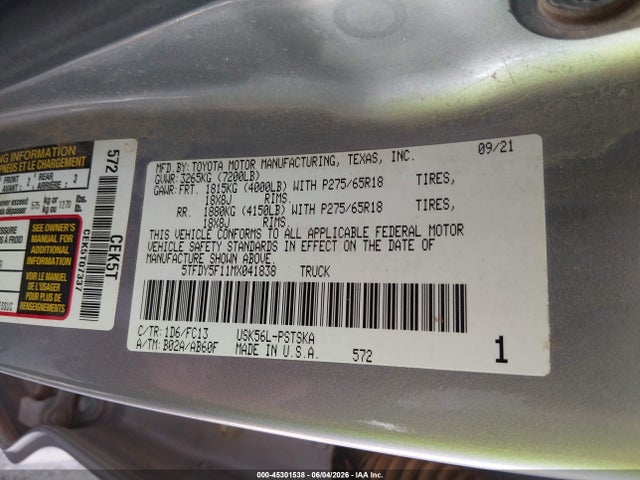 Toyota Tundra Sr5 2021 5TFDY5F11MX041838 Image 9