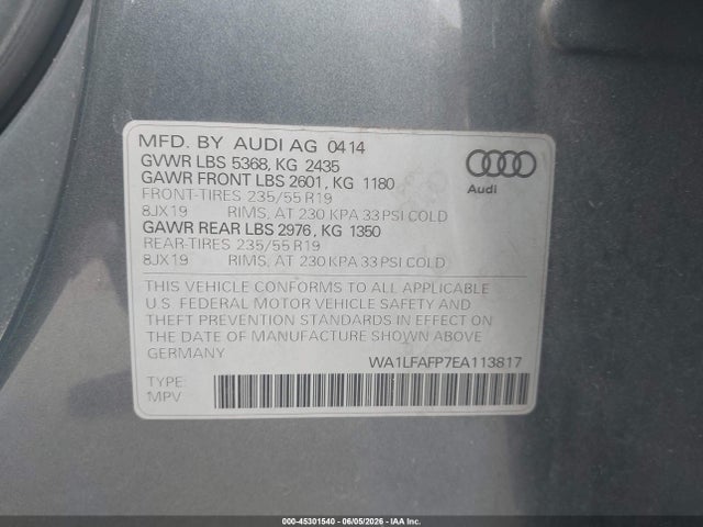 2014 Audi Q5 2.0t Premium მანქანა იყიდება აუქციონზე, vin: WA1LFAFP7EA113817, აუქციონის ნომერი: 45301540
