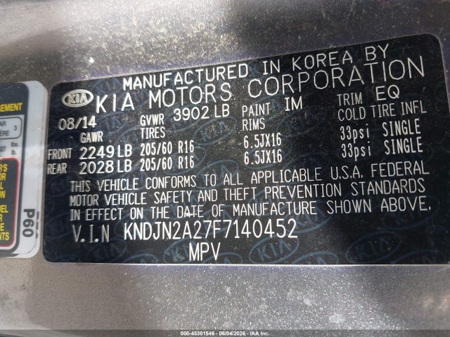 45301546 :رقم المزاد ، KNDJN2A27F7140452 vin ، 2015 Kia Soul مزاد بيع