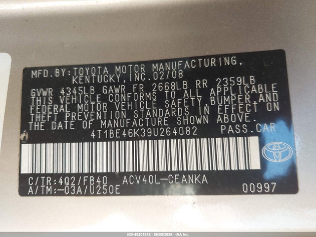 Продаж на аукціоні авто 2009 Toyota Camry Le, vin: 4T1BE46K39U264082, номер лоту: 45301548