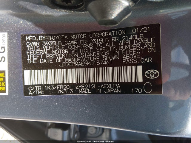 Aukcja sprzedaży 2021 Toyota Corolla Le, vin: JTDEPMAE9MJ167461, numer aukcji: 45301557