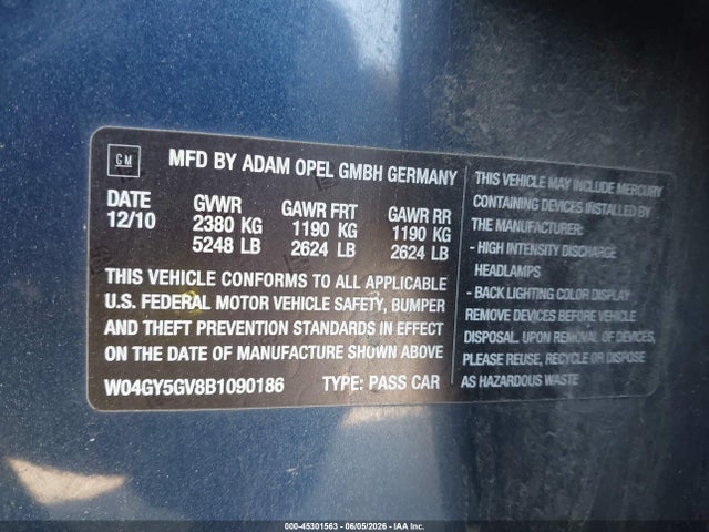 Aukcja sprzedaży 2011 Buick Regal Cxl Turbo Russelsheim, vin: W04GY5GV8B1090186, numer aukcji: 45301563