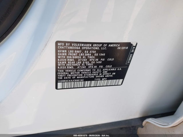 Продажа на аукционе авто 2018 Volkswagen Atlas 3.6l V6 Sel, vin: 1V2RR2CA3JC590190, номер лота: 45301575