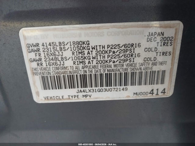 Aukcja sprzedaży 2003 Mitsubishi Outlander Ls, vin: JA4LX31G03U072149, numer aukcji: 45301593