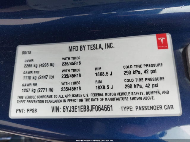 Aukcja sprzedaży 2018 Tesla Model 3 Long Range/performance, vin: 5YJ3E1EB8JF064661, numer aukcji: 45301598