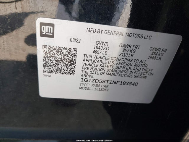 Продаж на аукціоні авто 2022 Chevrolet Malibu Fwd Lt, vin: 1G1ZD5ST1NF193840, номер лоту: 45301599