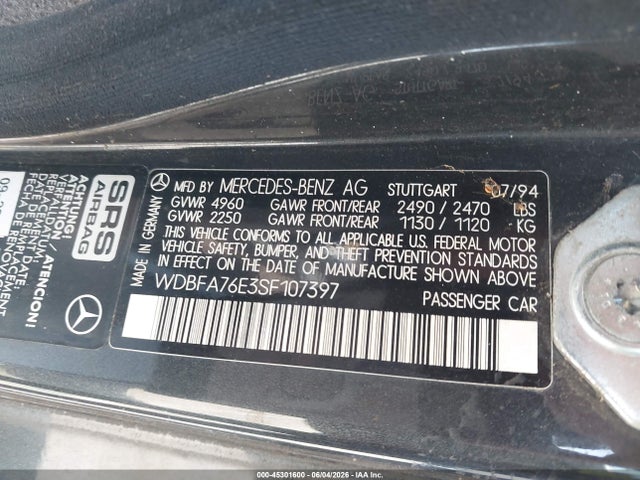 Aukcja sprzedaży 1995 Mercedes-benz Sl 600, vin: WDBFA76E3SF107397, numer aukcji: 45301600
