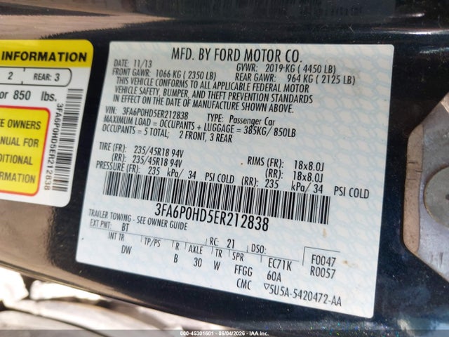 Продаж на аукціоні авто 2014 Ford Fusion Se, vin: 3FA6P0HD5ER212838, номер лоту: 45301601