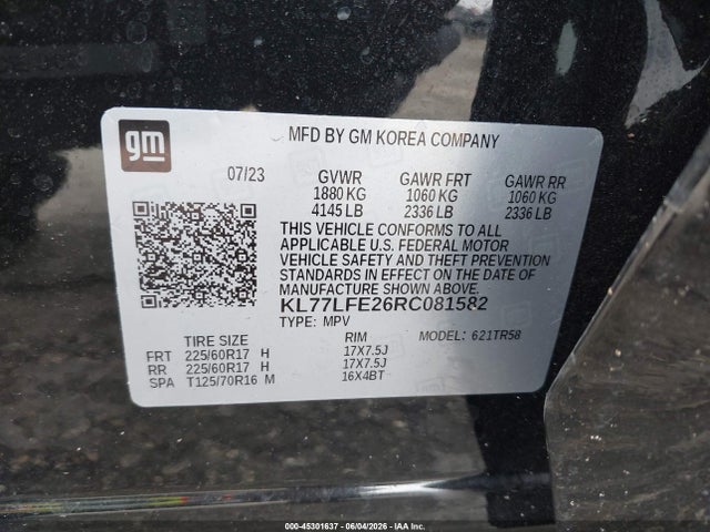 Продаж на аукціоні авто 2024 Chevrolet Trax Fwd Sp, vin: KL77LFE26RC081582, номер лоту: 45301637