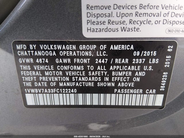 1VWBV7A33FC122240 Volkswagen Passat 2.0l Tdi Se