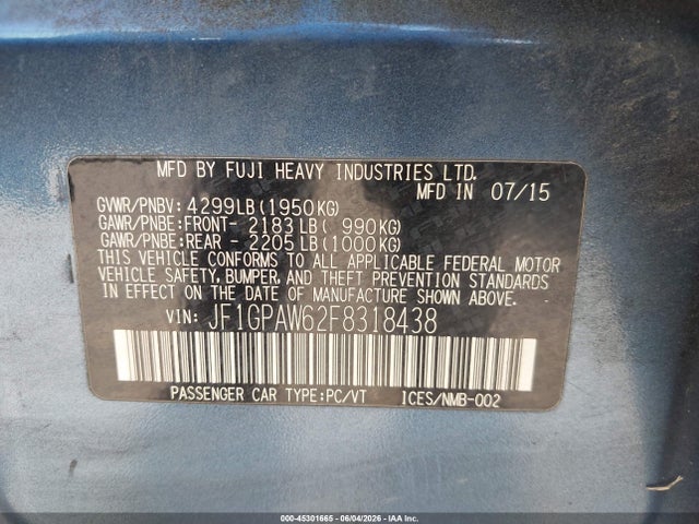 2015 Subaru Impreza 2.0i Sport Limited მანქანა იყიდება აუქციონზე, vin: JF1GPAW62F8318438, აუქციონის ნომერი: 45301665