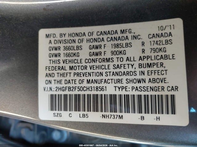 Aukcja sprzedaży 2012 Honda Civic Lx, vin: 2HGFB2F50CH318561, numer aukcji: 45301667