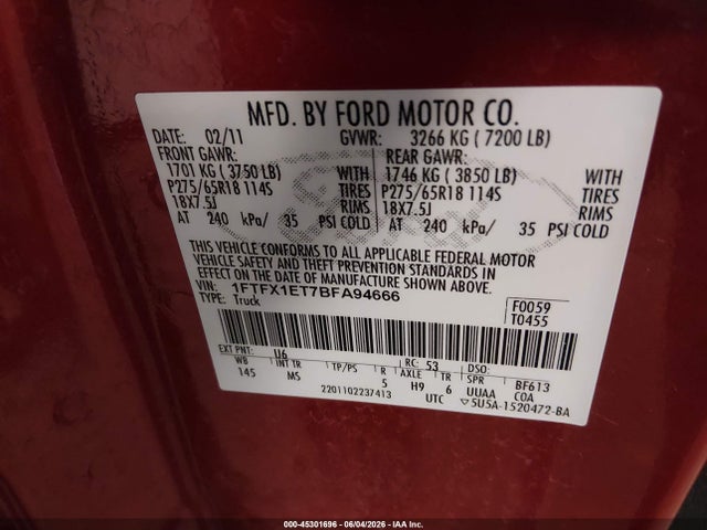 Aukcja sprzedaży 2011 Ford F-150 Xlt, vin: 1FTFX1ET7BFA94666, numer aukcji: 45301696
